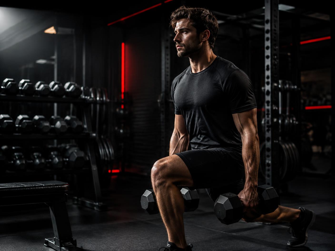 Atleta a treinar musculação com halteres